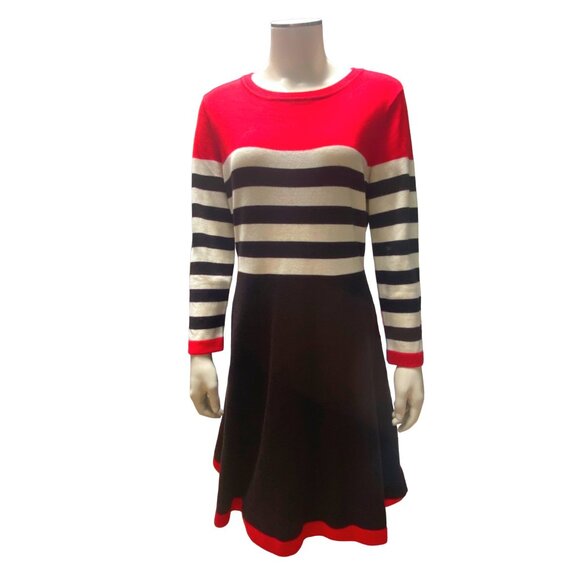 Andrew Marc New York Small Red Black Stripe Knit Dress Mod Revival Parisian Styl - Picture 2 of 11